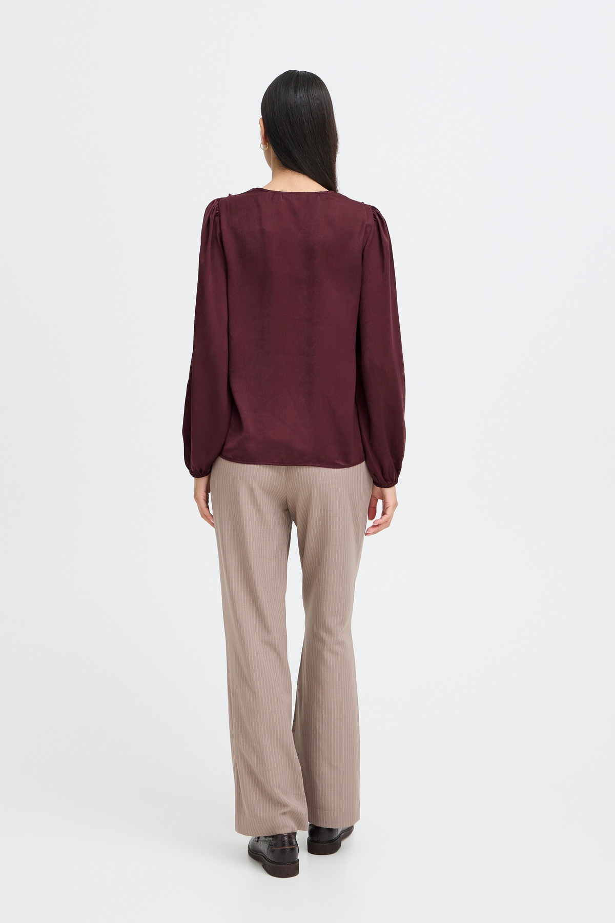 B.Young ByIgomi Port Royale Satin V-Neck Ruffle Blouse
