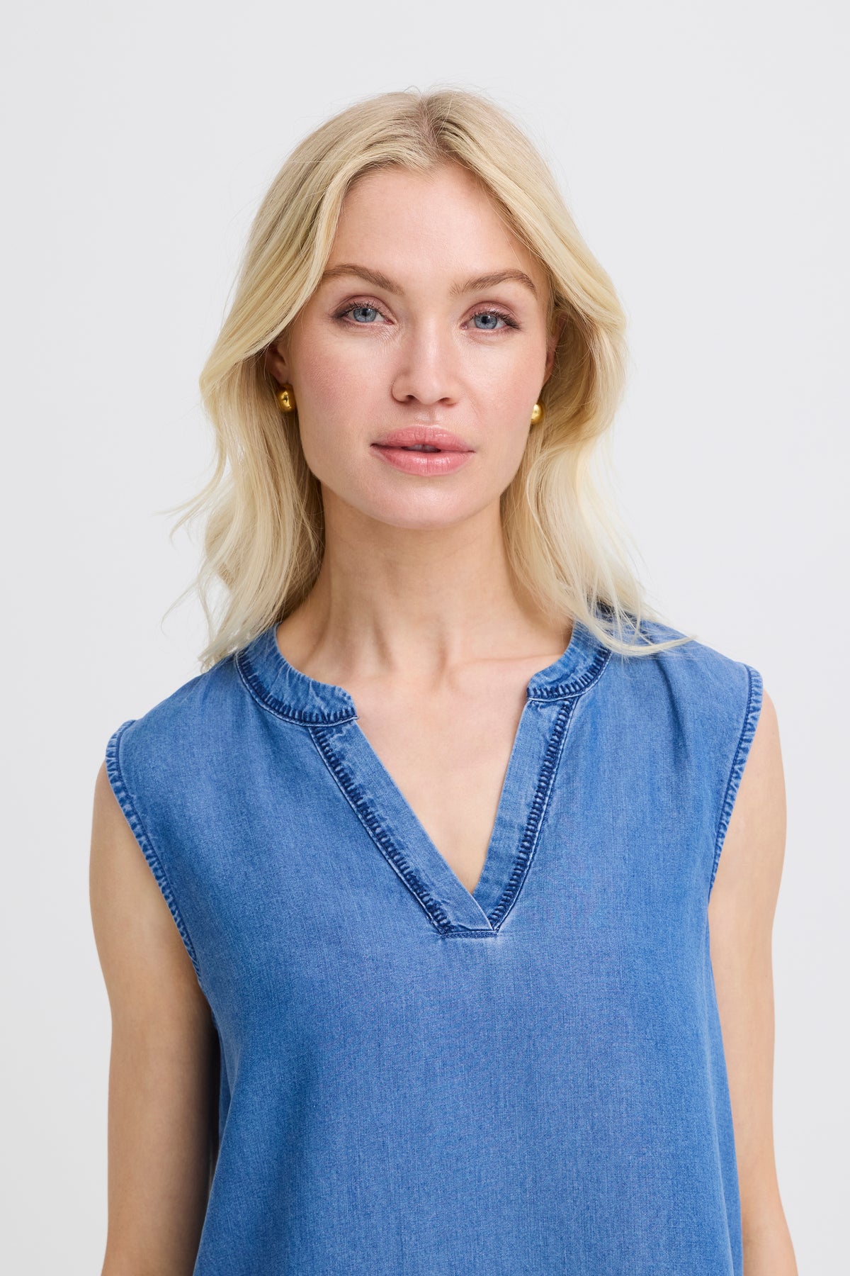 B.Young ByKosmo Mid Blue Denim Embroidered V-Neck Blouse