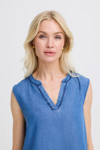 B.Young ByKosmo Mid Blue Denim Embroidered V-Neck Blouse