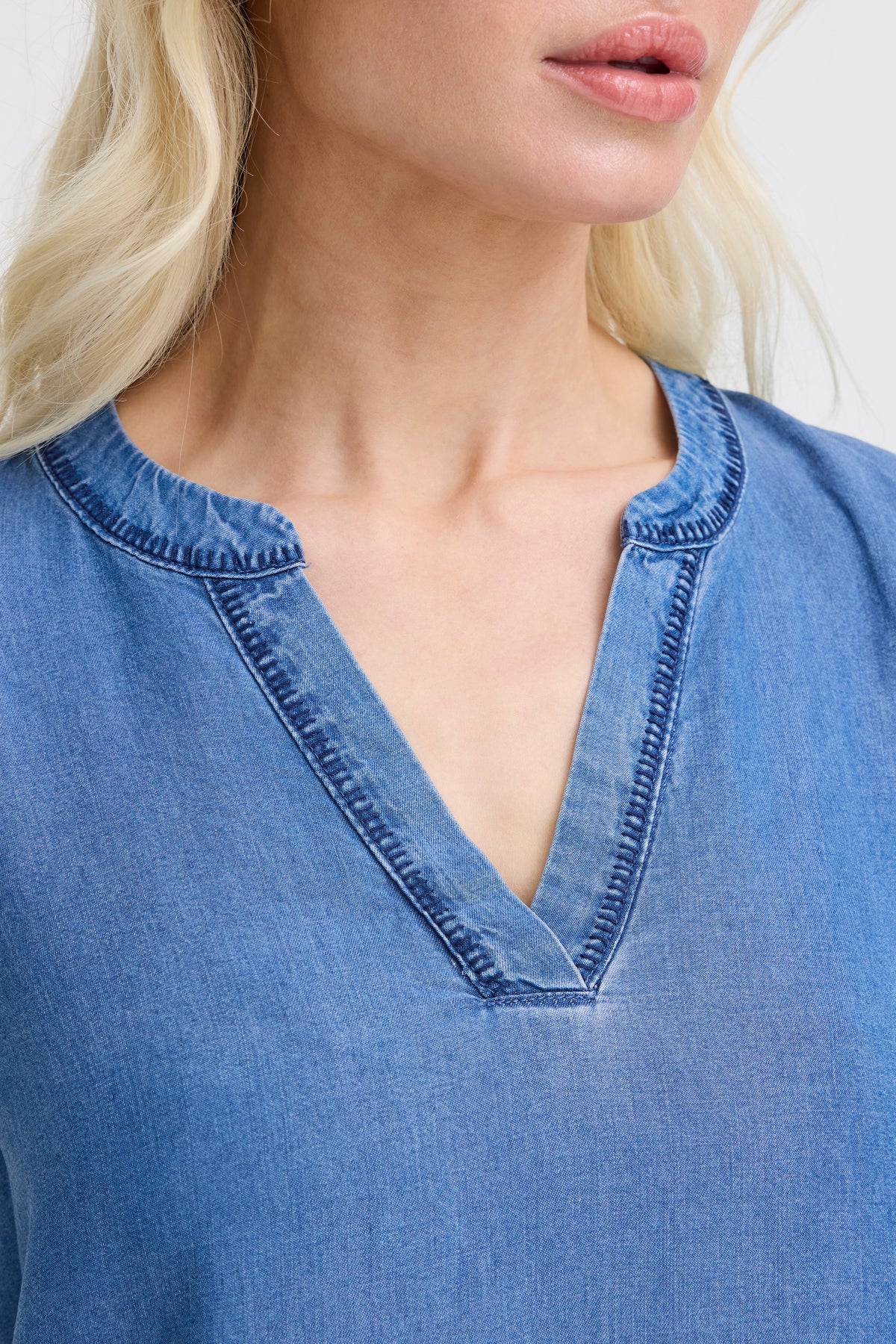 B.Young ByKosmo Mid Blue Denim Embroidered V-Neck Blouse