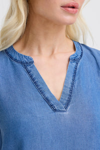B.Young ByKosmo Mid Blue Denim Embroidered V-Neck Blouse