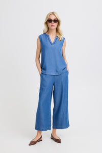 B.Young ByKosmo Mid Blue Denim Embroidered V-Neck Blouse