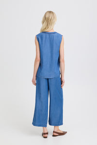 B.Young ByKosmo Mid Blue Denim Embroidered V-Neck Blouse