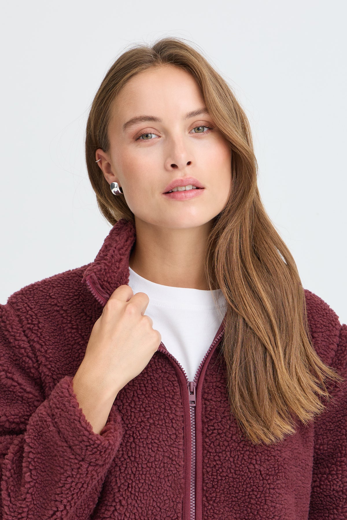 B.Young ByAlea Fig Burgundy Longline Teddy Fleece Jacket