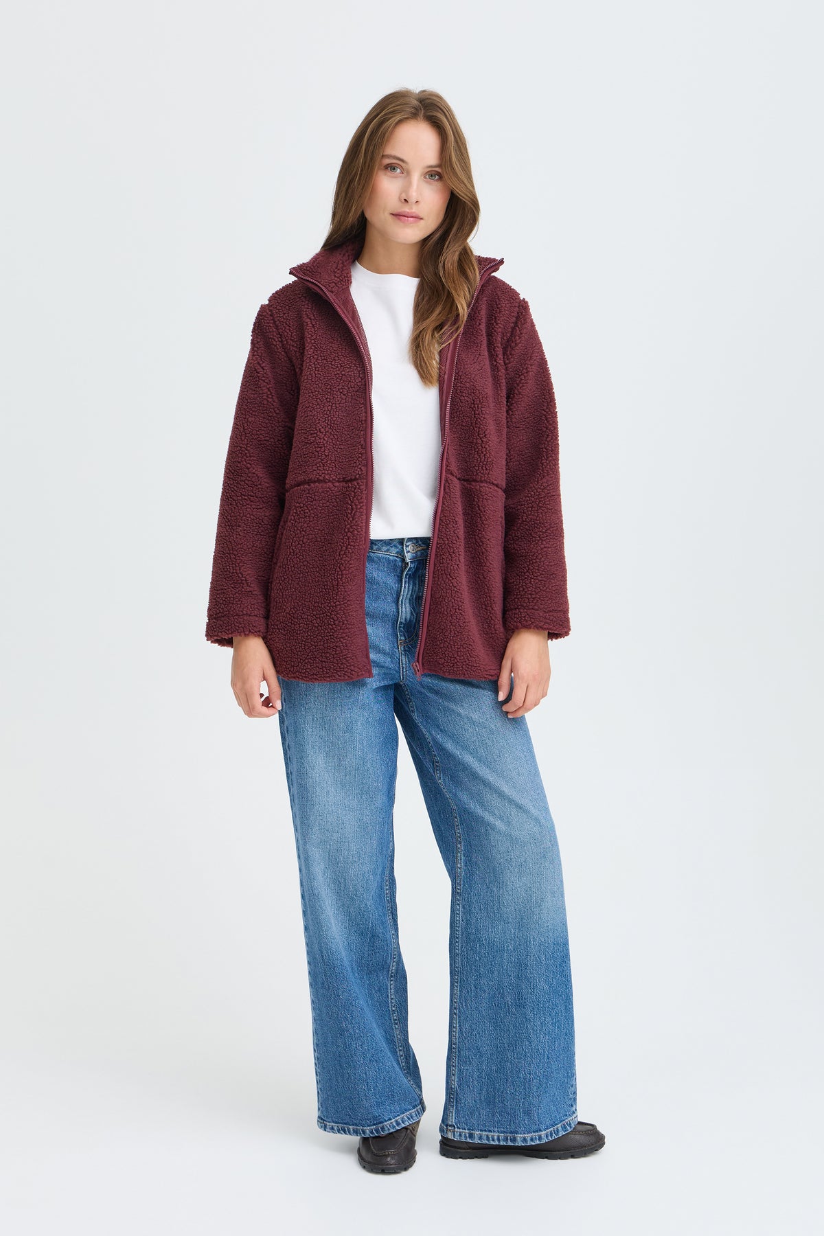 B.Young ByAlea Fig Burgundy Longline Teddy Fleece Jacket