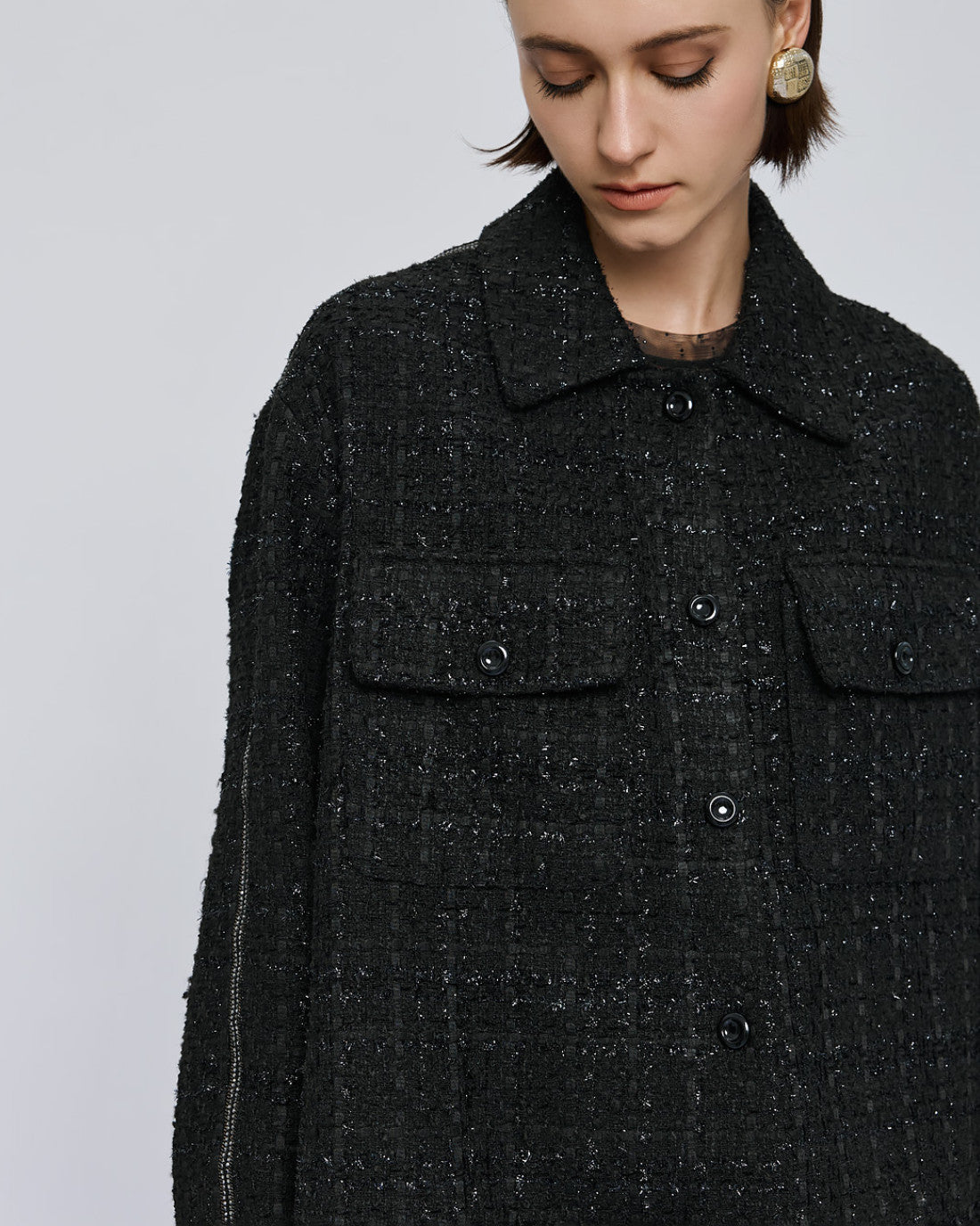 Access Fashion Black Boucle Tweed Long Shacket with Embellishment