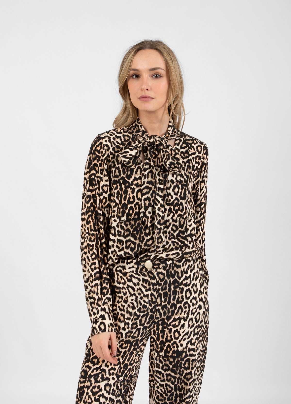 Coster Copenhagen Beige Leopard V-Neck Tie Blouse, 244-1402