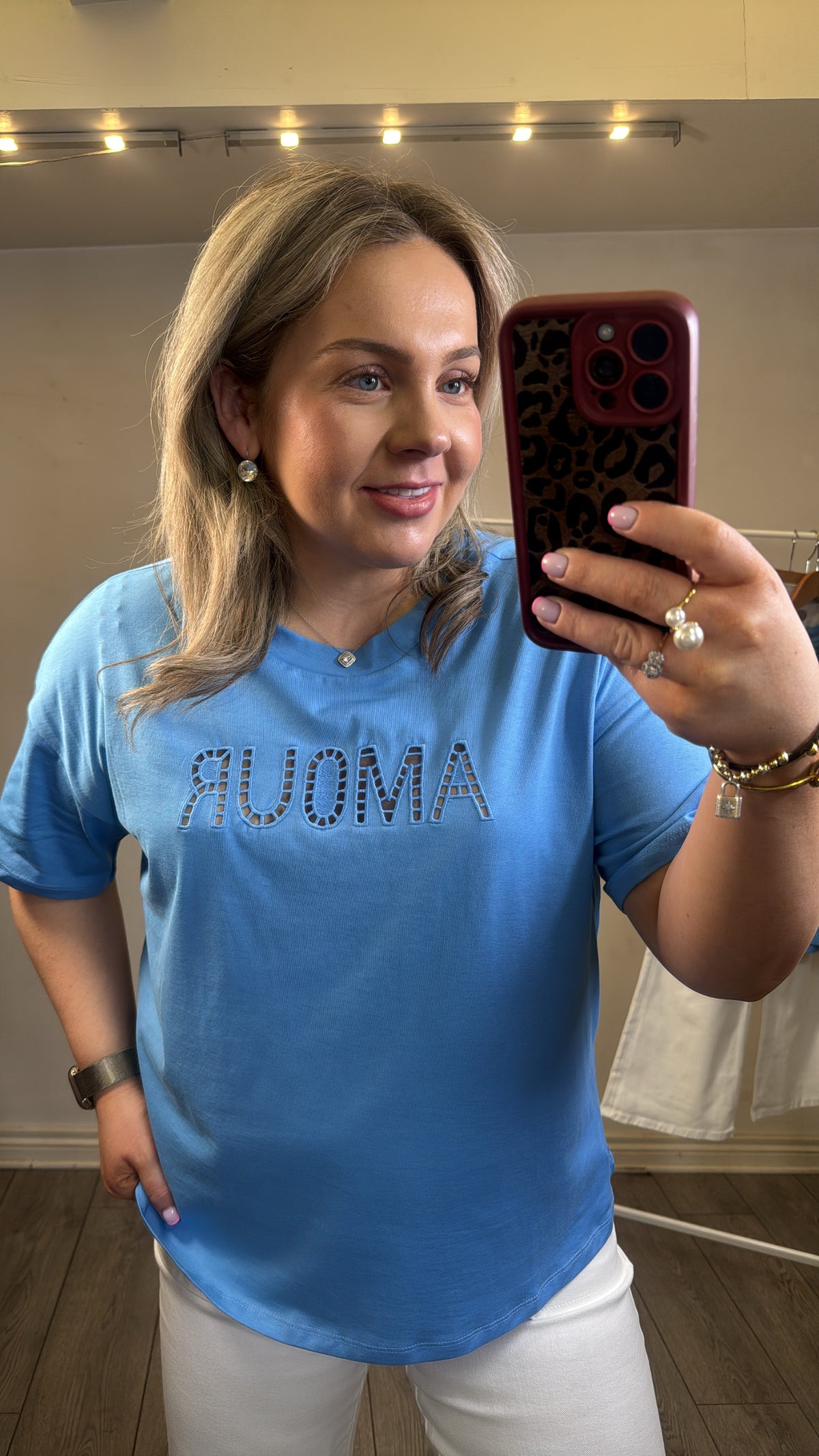 Kaffe Kaluna Azure Blue 'Amour' Lace Logo Oversized T-Shirt