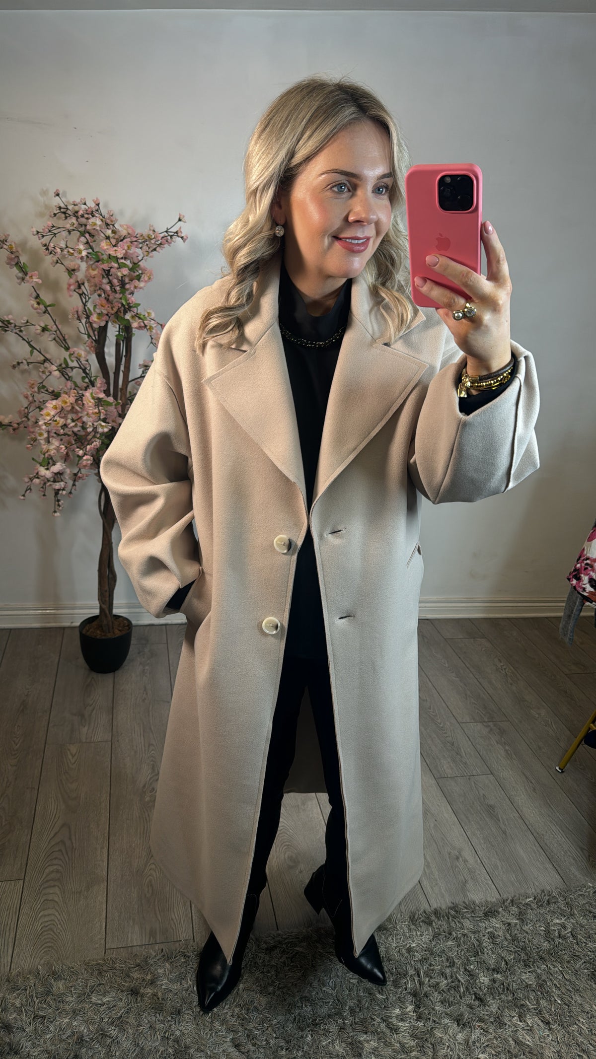 Access Fashion Beige Oversized Long Coat with Sleeve Detailing, 44-9013