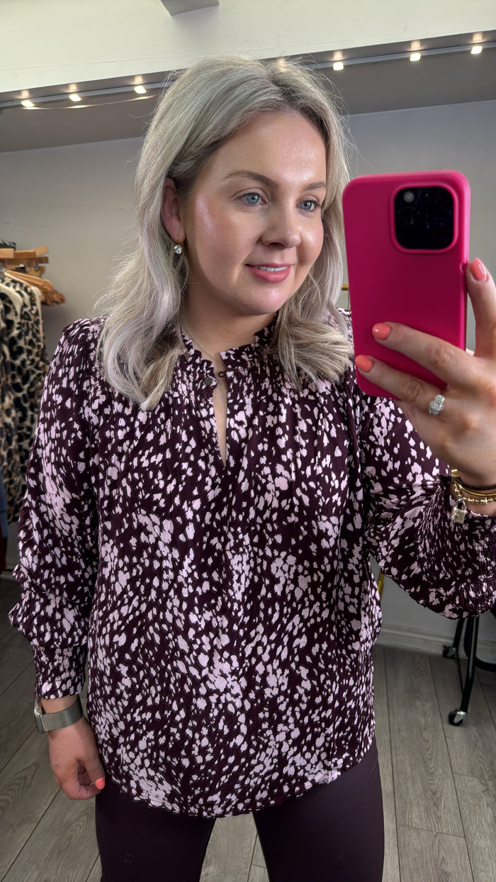 Saint Tropez Malika Fudge Burgundy Spot Animal Abstract Print Blouse, 30514405