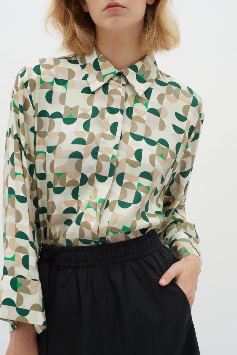 InWear Beril Green Geometric Printed Oversized Longline Shirt