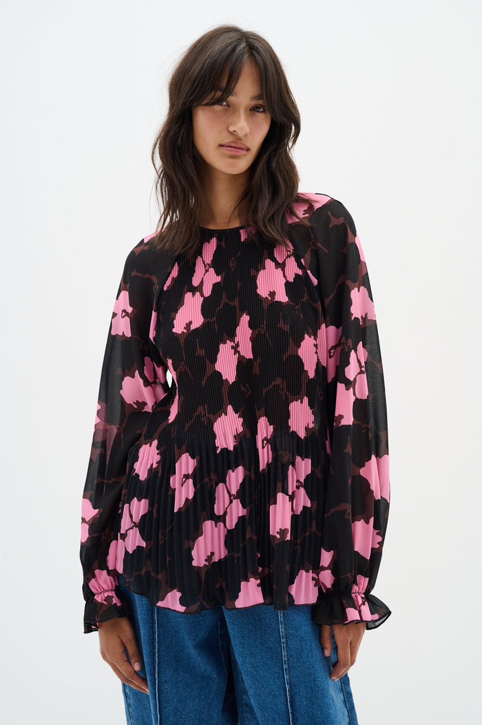 InWear Mendra Cashmere Pink Flower Plisse Oversized Blouse, 30109660