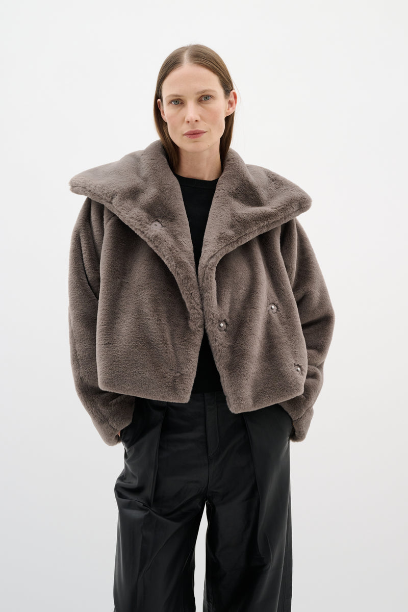 InWear YoboIW Sandy Grey Faux Fur Short Coat