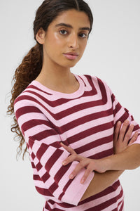 InWear MadieIW Baby Pink/Burgundy Stripe Knitted T-Shirt Pullover, 30112398