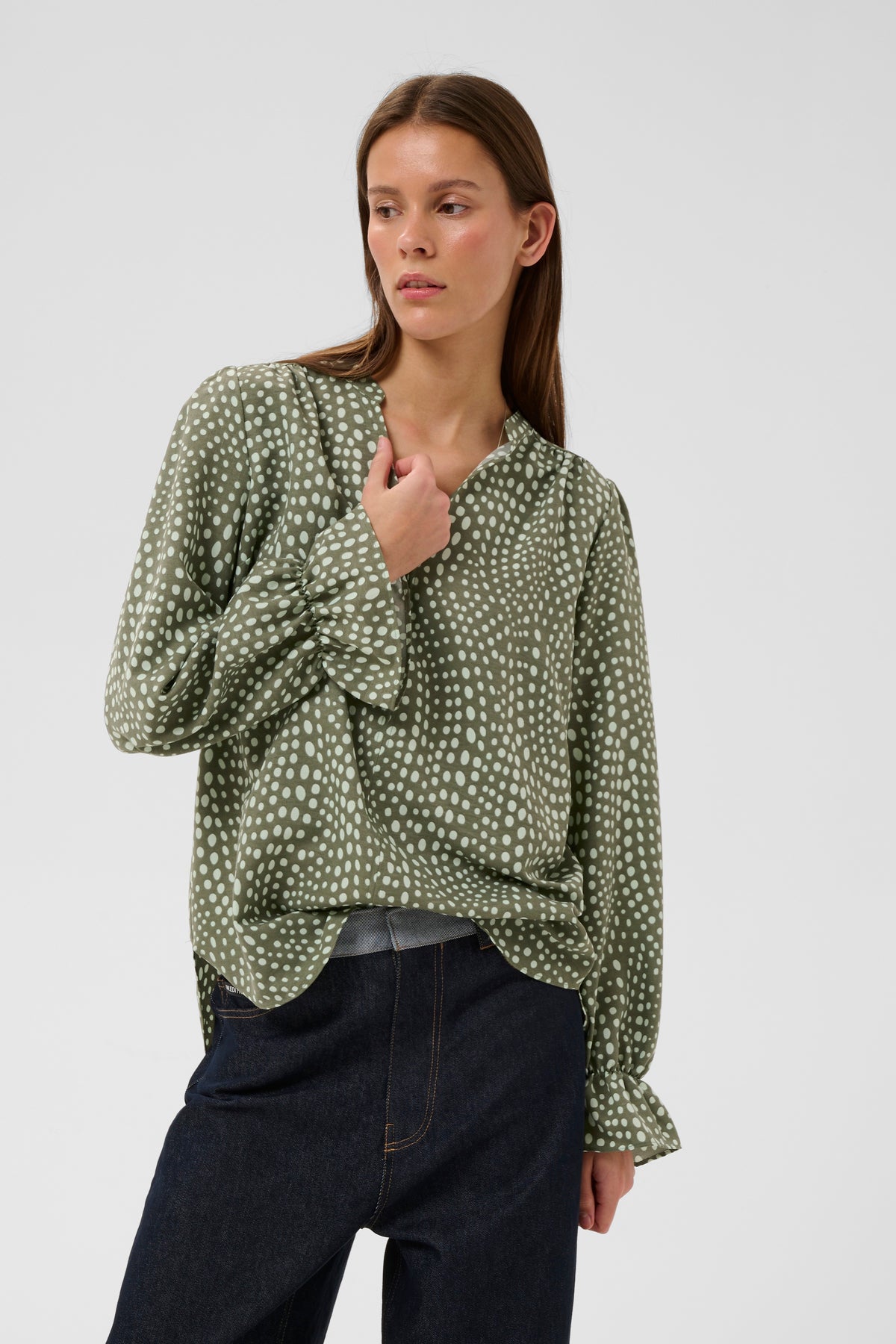 InWear LibertyIW Mulled Basil Polka Dot V-Neck Blouse, 30112584