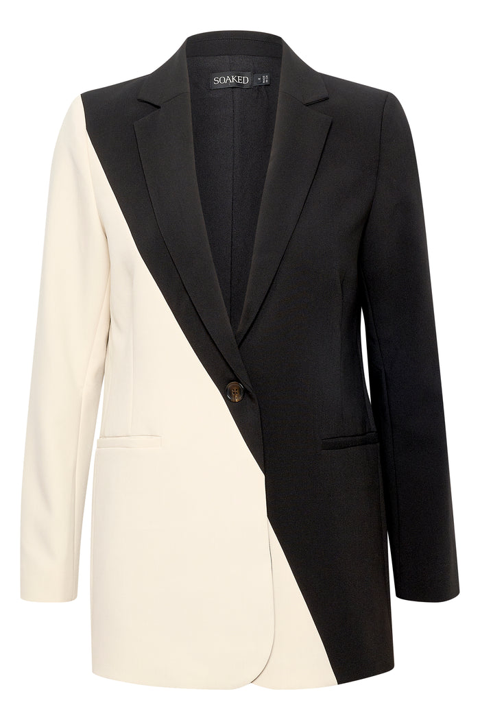 Soaked in Luxury Corinne Diagonal Cut Black & Sandshell Block Blazer, 30406782