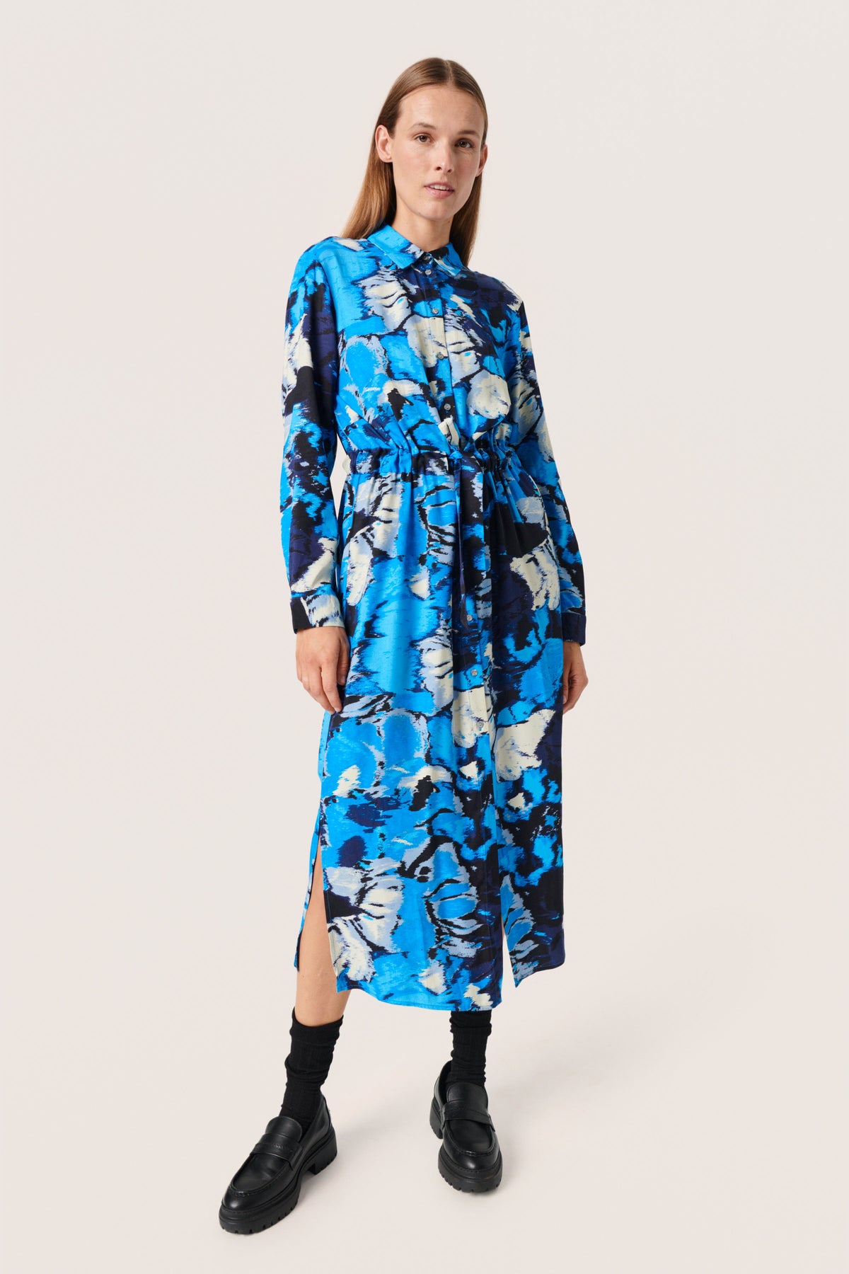 Soaked in Luxury Slmakena Malibu Blue Abstract Floral Printed Shirt Dress, 30407027