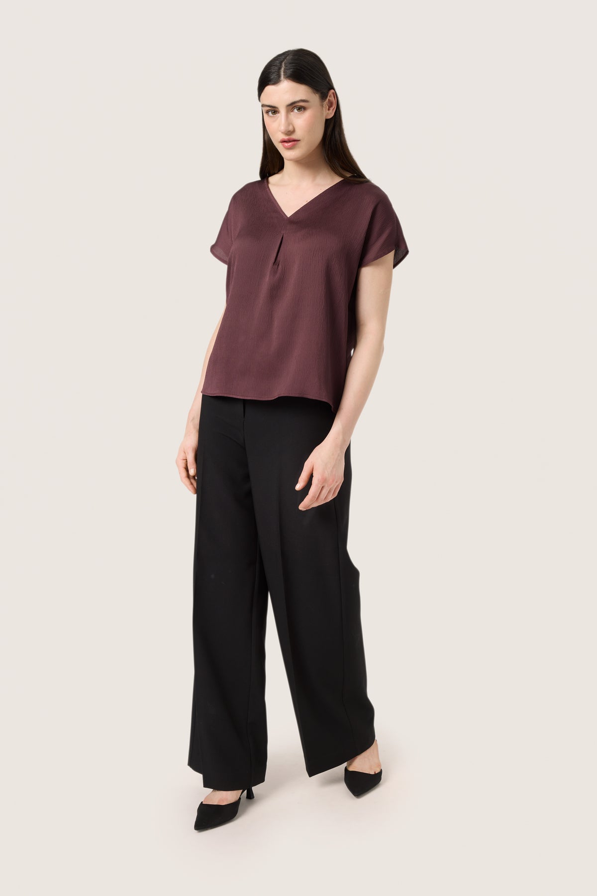 Soaked in Luxury Loana Marija Fudge Burgundy V-Neck Blouse, 30407198