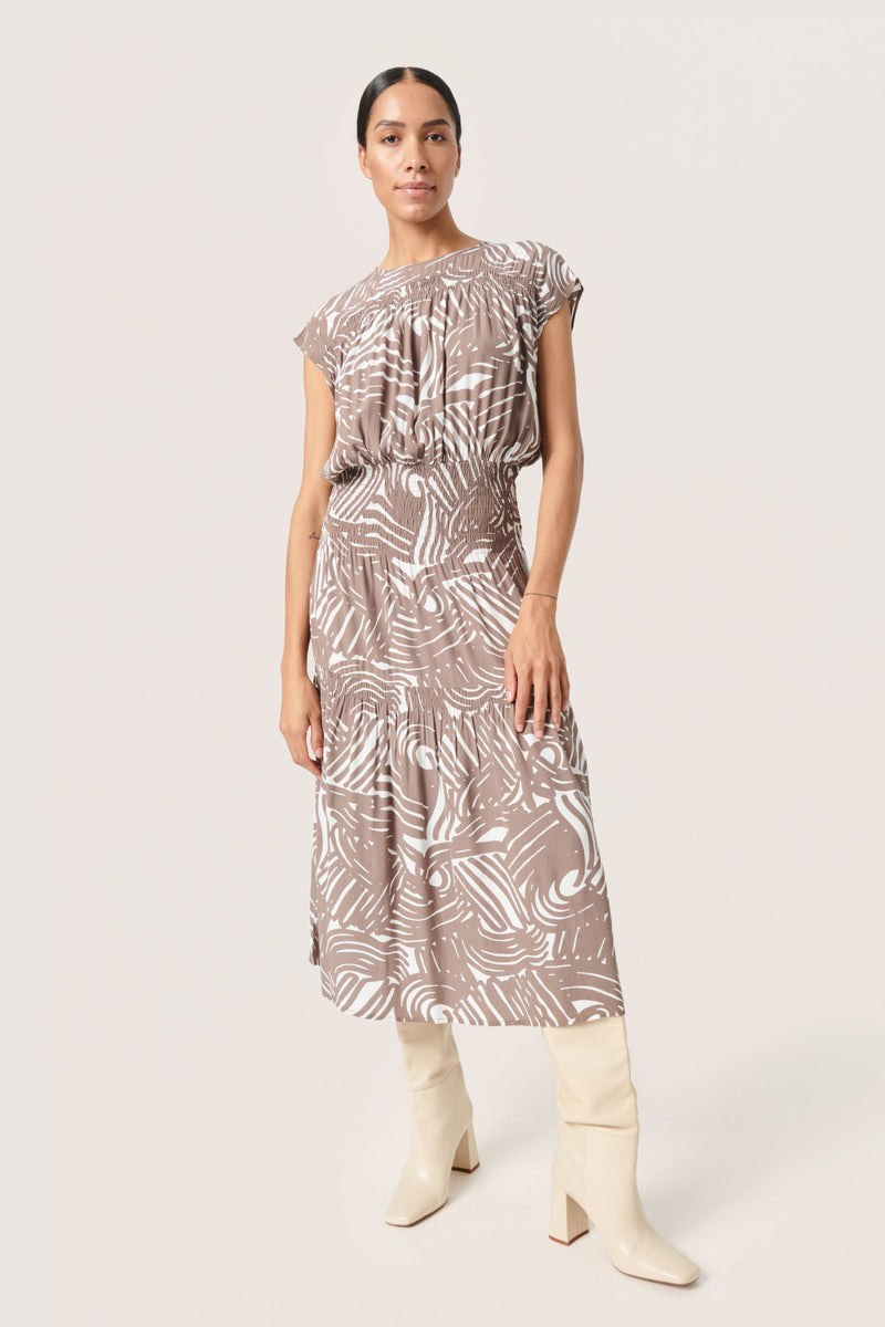 Soaked in Luxury Marian Walnut Lines Printed Layered Ruched Dress, 30407396