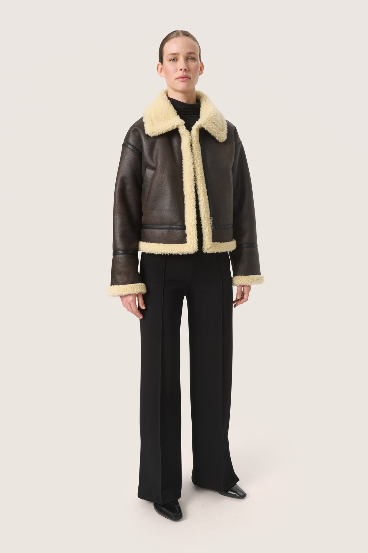 Soaked in Luxury Elora Faux Leather Jacket with Faux Shearling Trim, 30407494