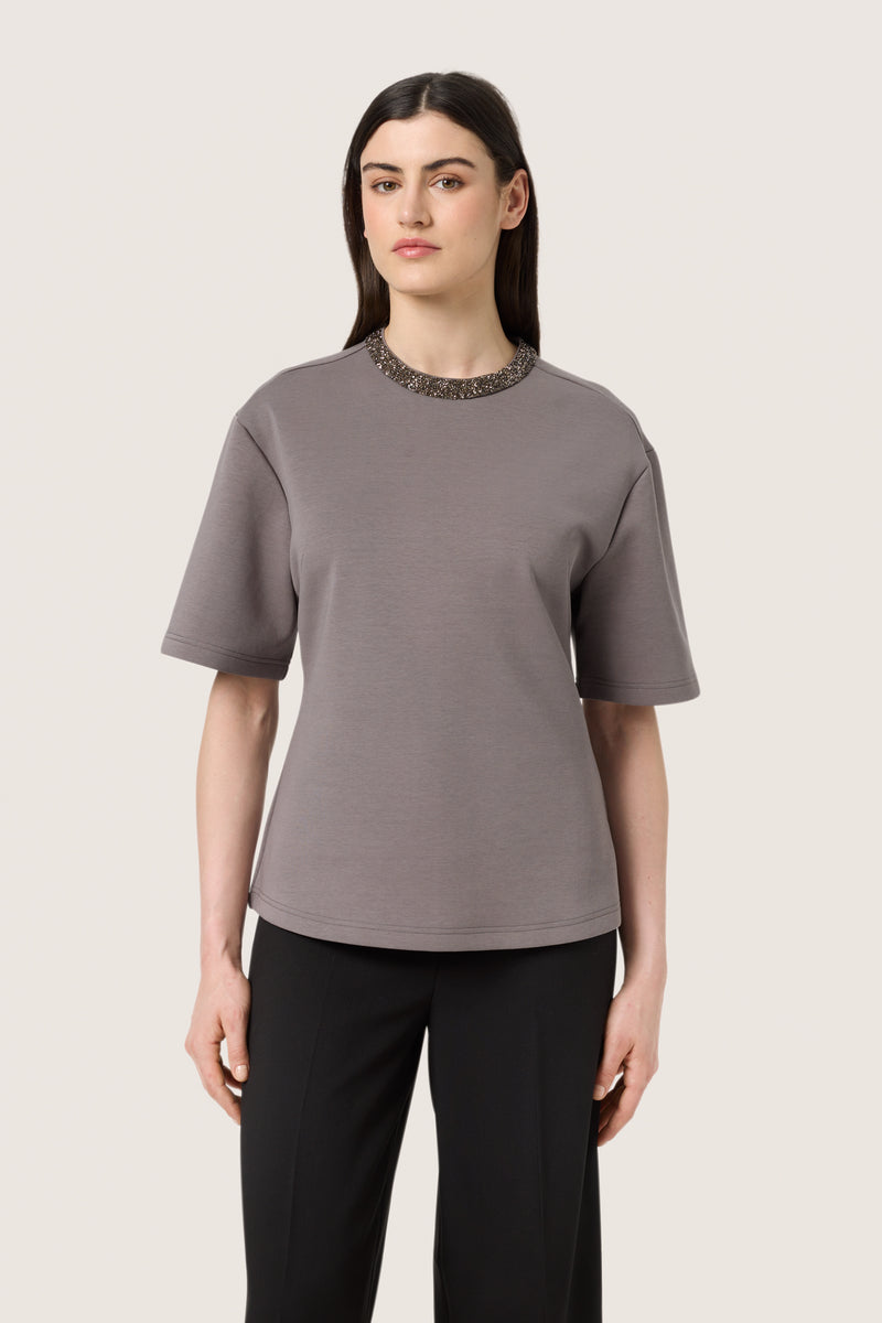 Soaked in Luxury SLMagana Gull Grey Embellished Neck Fitted T-Shirt