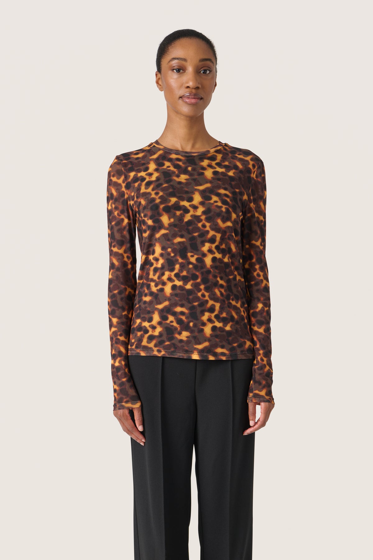 Soaked in Luxury SLKerri Fudge Tortoise Shell Print Mesh Long Sleeve Top, 30407794