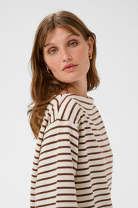 Soaked In Luxury Ingina White/Cappucino Striped Boat Neck Sweatshirt T-Shirt