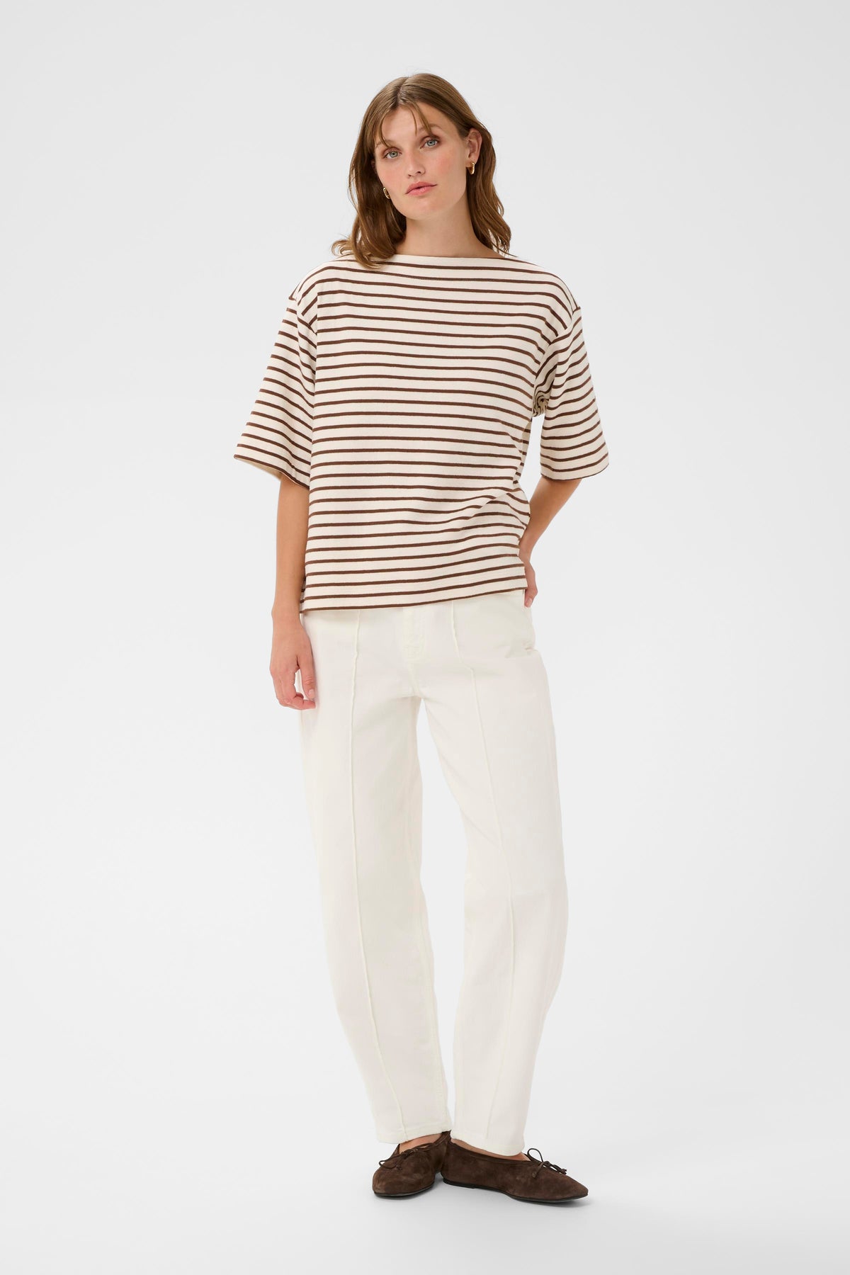 Soaked In Luxury Ingina White/Cappucino Striped Boat Neck Sweatshirt T-Shirt