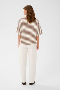 Soaked In Luxury Ingina White/Cappucino Striped Boat Neck Sweatshirt T-Shirt