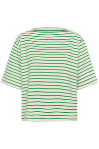 Soaked In Luxury Ingina White/Green Striped Boat Neck Sweatshirt T-Shirt