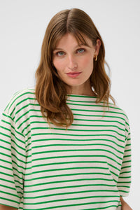 Soaked In Luxury Ingina White/Green Striped Boat Neck Sweatshirt T-Shirt