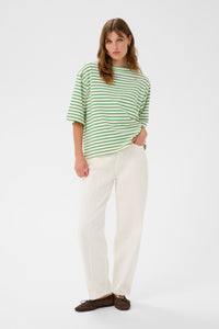 Soaked In Luxury Ingina White/Green Striped Boat Neck Sweatshirt T-Shirt