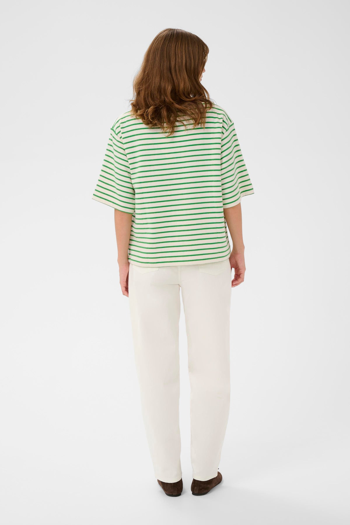 Soaked In Luxury Ingina White/Green Striped Boat Neck Sweatshirt T-Shirt