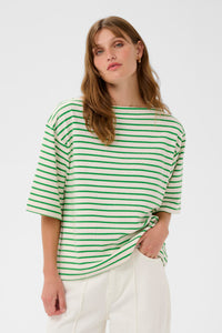 Soaked In Luxury Ingina White/Green Striped Boat Neck Sweatshirt T-Shirt