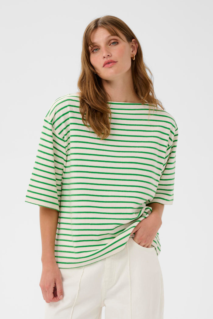 Soaked In Luxury Ingina White/Green Striped Boat Neck Sweatshirt T-Shirt