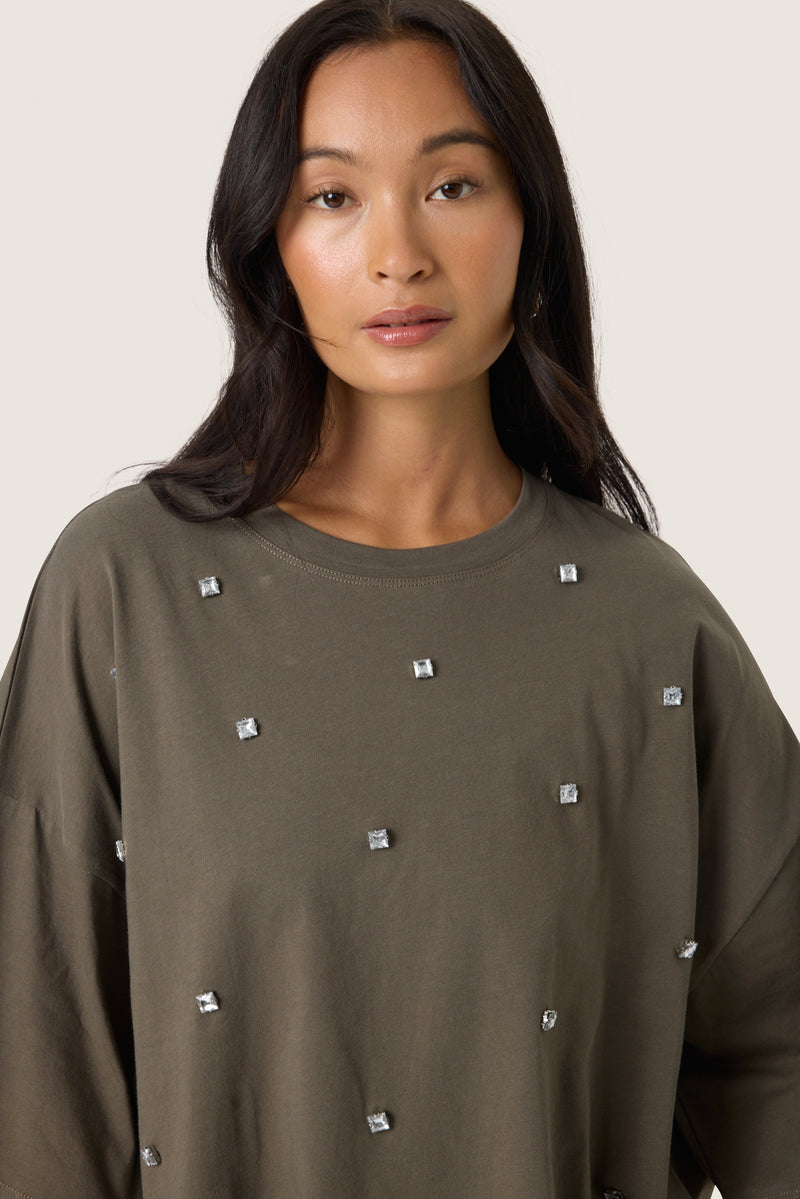 Soaked SLAfshan Simili Tarmac Khaki Oversized Embellished T-Shirt