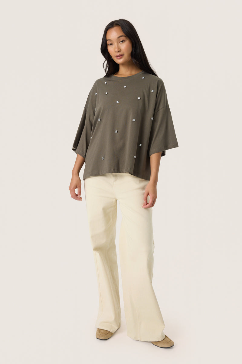 Soaked SLAfshan Simili Tarmac Khaki Oversized Embellished T-Shirt