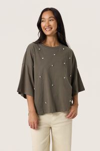 Soaked SLAfshan Simili Tarmac Khaki Oversized Embellished T-Shirt