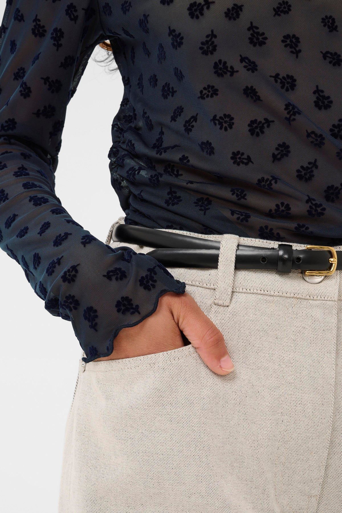 Soaked in Luxury SLSeren Salute Navy Mesh Embroidered Floral Long Sleeve Top, 30408884