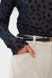 Soaked in Luxury SLSeren Salute Navy Mesh Embroidered Floral Long Sleeve Top, 30408884