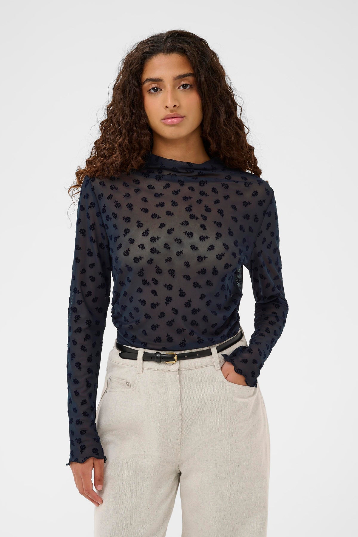 Soaked in Luxury SLSeren Salute Navy Mesh Embroidered Floral Long Sleeve Top, 30408884