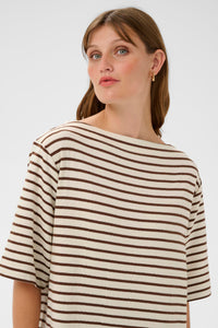 Soaked in Luxury Ingina White/Cappucino Striped Midi T-Shirt Dress