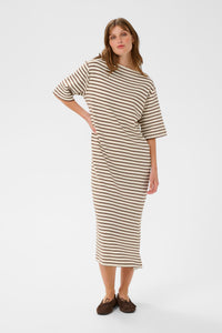 Soaked in Luxury Ingina White/Cappucino Striped Midi T-Shirt Dress