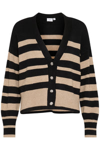 Saint Tropez Inette Black/Beige Stripe Embellished Button Short Cardigan