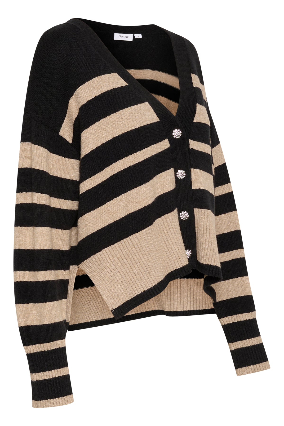 Saint Tropez Inette Black/Beige Stripe Embellished Button Short Cardigan