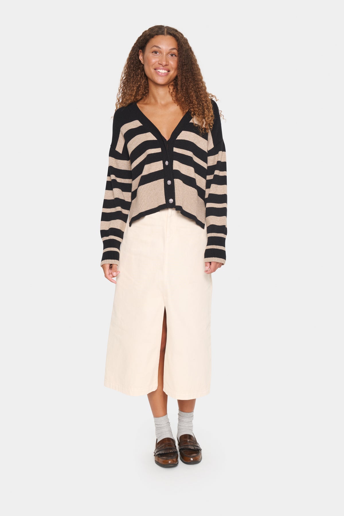 Saint Tropez Inette Black/Beige Stripe Embellished Button Short Cardigan