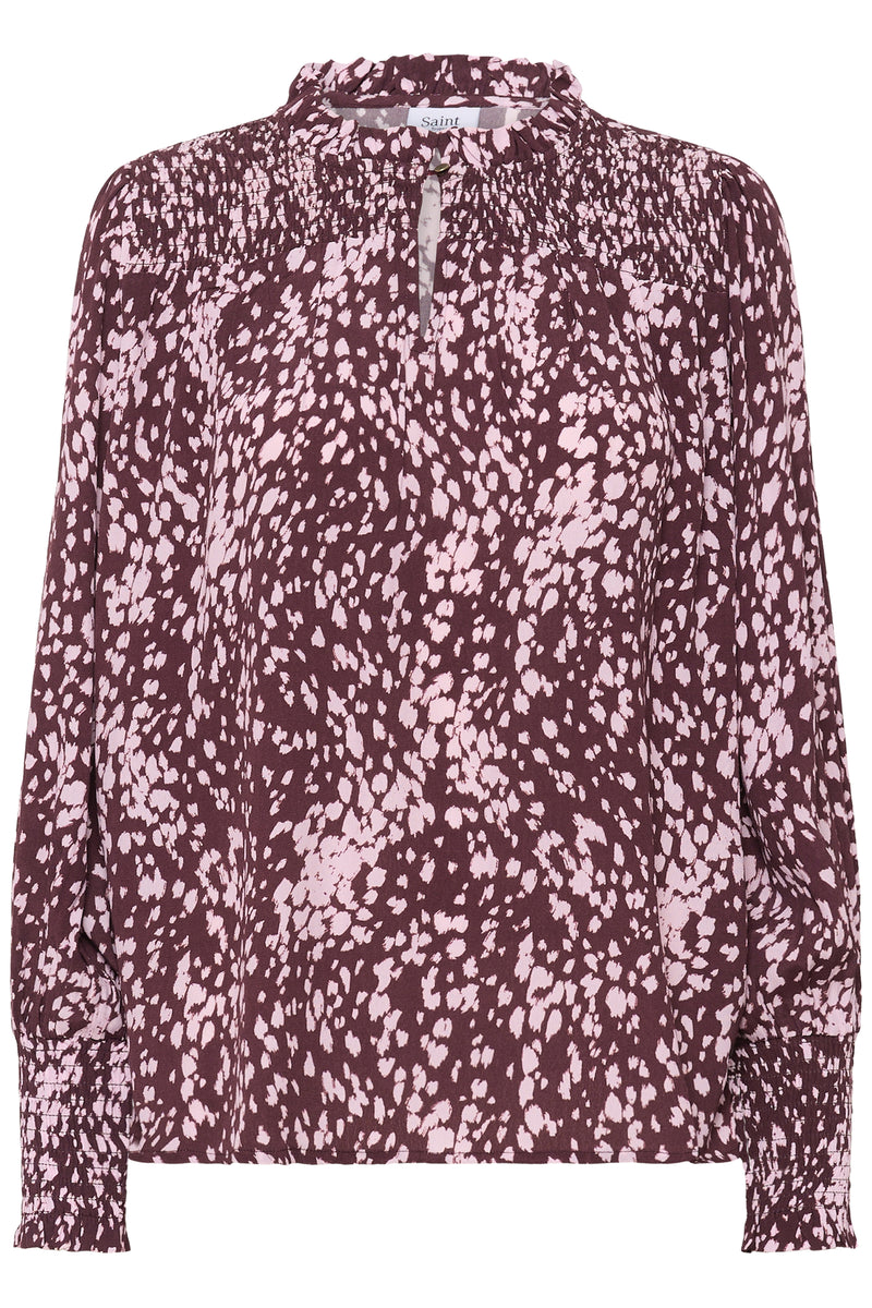 Saint Tropez Malika Fudge Burgundy Spot Animal Abstract Print Blouse, 30514405