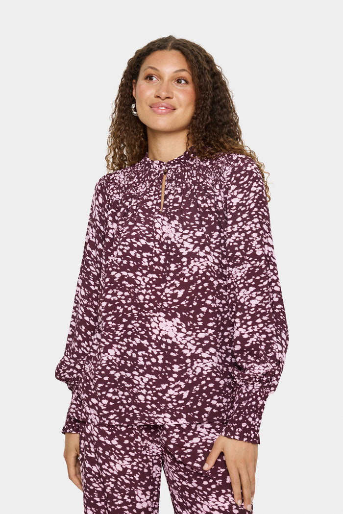 Saint Tropez Malika Fudge Burgundy Spot Animal Abstract Print Blouse, 30514405