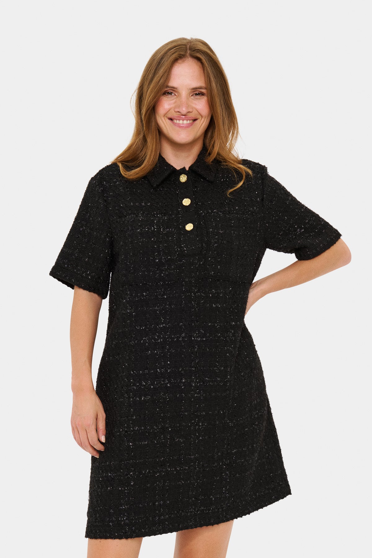 Saint Tropez Nigella Black Tweed Embellished Button A-Line Dress