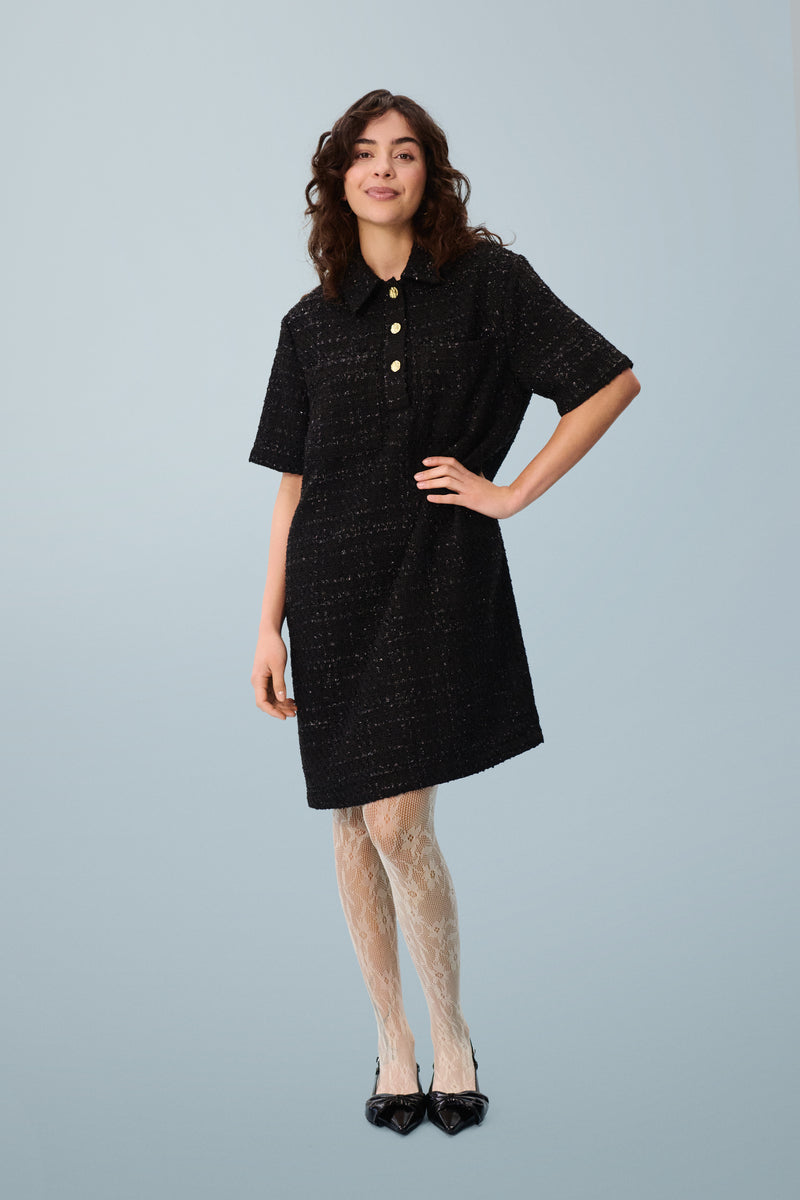 Saint Tropez Nigella Black Tweed Embellished Button A-Line Dress